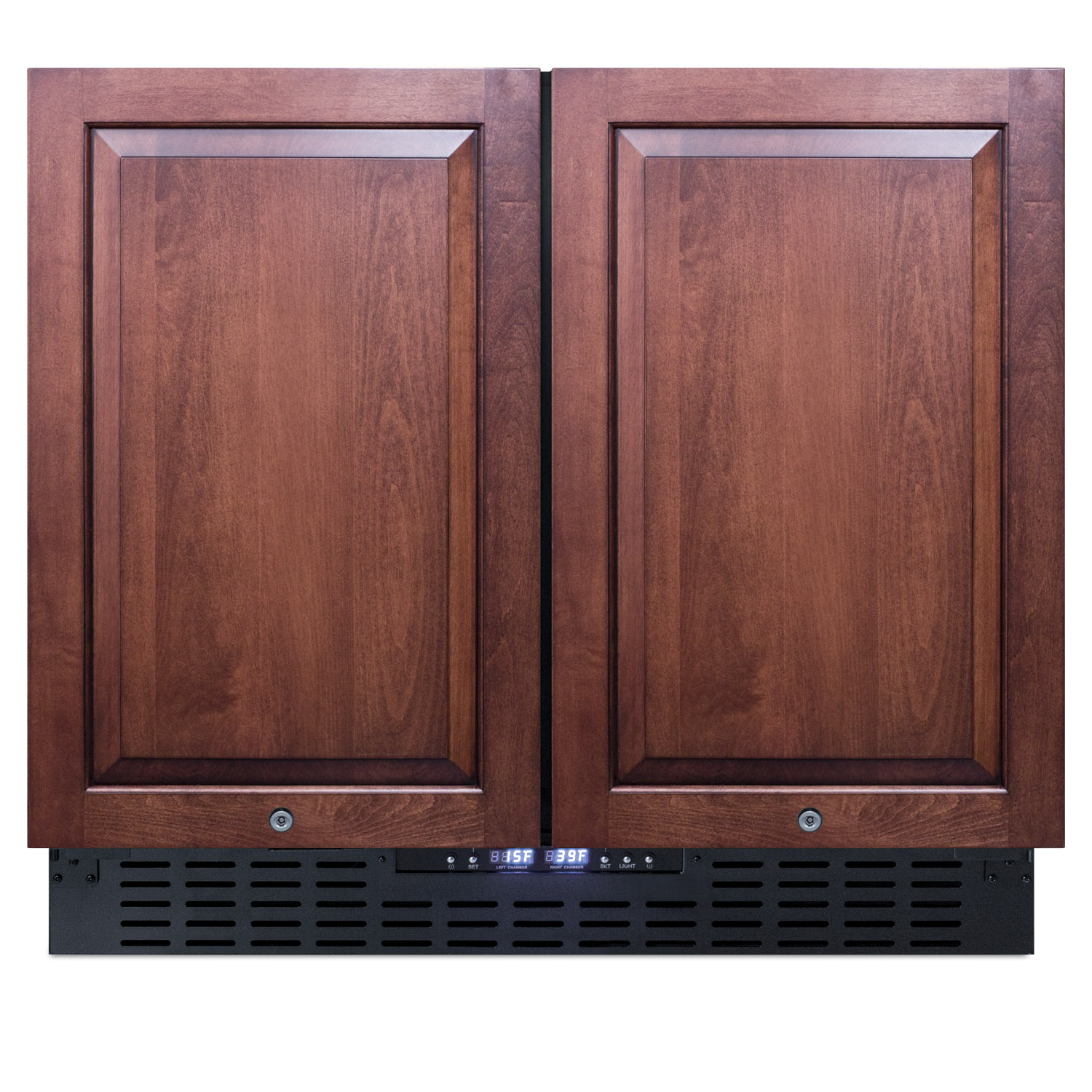 Commercially approved, frost-free, side-by-side refrigerator-freezer for built-in or freestanding use with two panel-ready doors, black cabinet, front-placed digital controls
